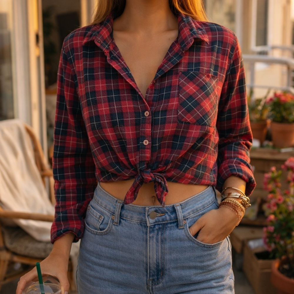 Forever 21 Plaid Flannel Button Front‎ Long Sleeve Crop Tie Shirt Red L
